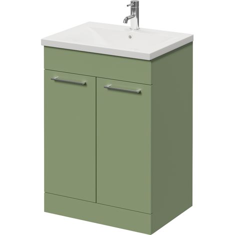 Napoli 460 Olive Green 600mm 2 Door Vanity Unit with Glide Basin - 600mm - Chrome 160mm Handle