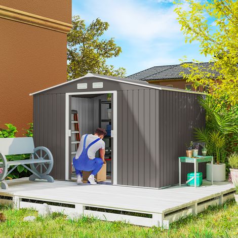 Gris 277x195x192 cm - Abri de jardin 4,9 m² doté de 2 portes coulissantes, base renforcée (sol NON inclus) (1/4)