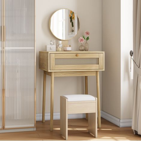 Toeletta con specchio rotondo, cassetti contenitore, scrivania compatta per camera da letto, stile bohémien, legno di rovere (1/5)