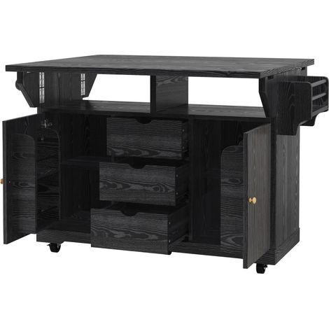 Carro de cocina con extensiones abatibles, 95 cm de altura, MDF y metal, negro (1/5)