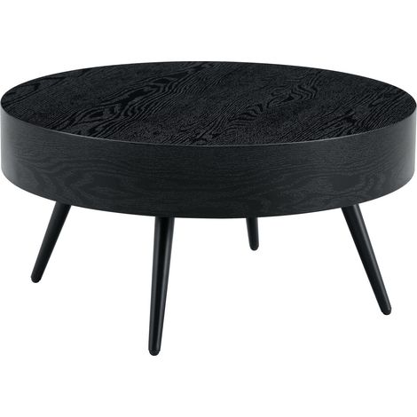 Mesa de centro redonda de 70 cm en efecto madera negra, MDF y patas metálicas negras (1/5)