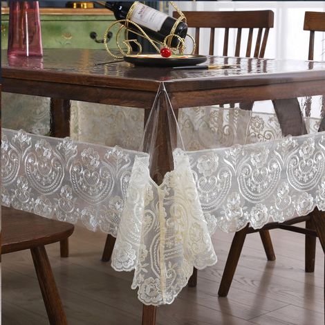 Nappe en plastique transparent, imperméable - Rectangulaire en vinyle avec dentelle brodée - Pour salle à manger, cuisine, buffet, banquet, fêtes, 119 x 178 cm, beige (1/5)