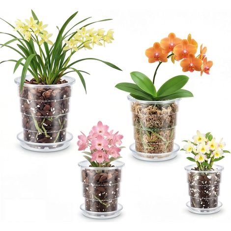 Pot Transparent Orchidée, 4Pcs 10cm/12cm/14cm/16cm Pot pour Orchidées Respirant, Pot pour Orchidées Transparent en Plastique avec Trous de Vidange et Soucoupes (4Pcs) (1/5)