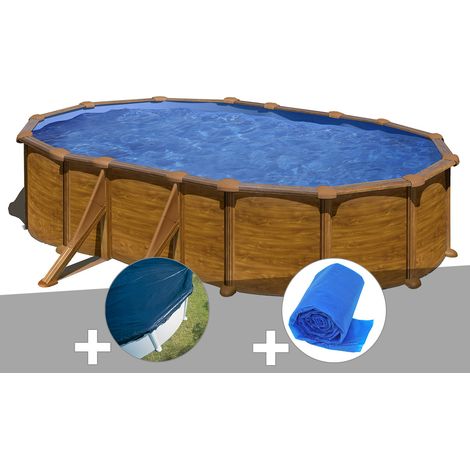 Kit piscine acier aspect bois Gré Mauritius ovale 6,34 x 3,99 x 1,32 m + Bâche hiver + Bâche à bulles