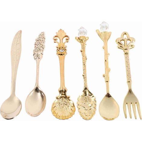Mini cuillères à café et fourchette en métal de Style Royal rétro, accessoires pour fruits de cuisine dorés 6 pièces/ensemble (1/5)