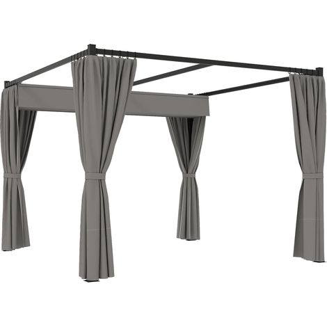 Pergola autoportante 3 x 3 m avec toit coulissant et parois latérales en toile gris clair résistante aux UV