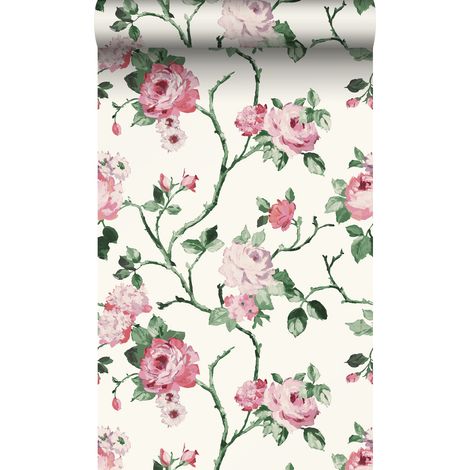 papier peint fleurs blanc crème, rose et vert - Origin Wallcoverings (1/5)