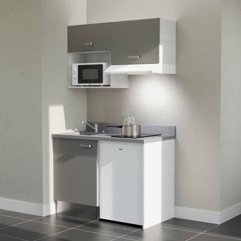 Kitchenette K02L - 120 cm - plan monobloc évier intégré Cromo- évier à gauche - Façades Gris + Electroménager inclus coloris Blanc