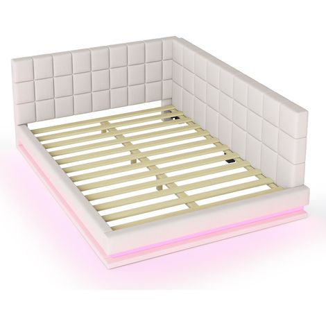 Cama sofá capitoné 140 x 200 beige con tira LED, puerto USB y somier de láminas (1/5)