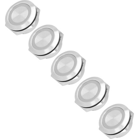 Lot de 5 interrupteurs à bouton-poussoir momentanés en métal, à réarmement automatique, ultra-fins et étanches, avec LED, 22 mm, 220 V CA, blanc (1/5)