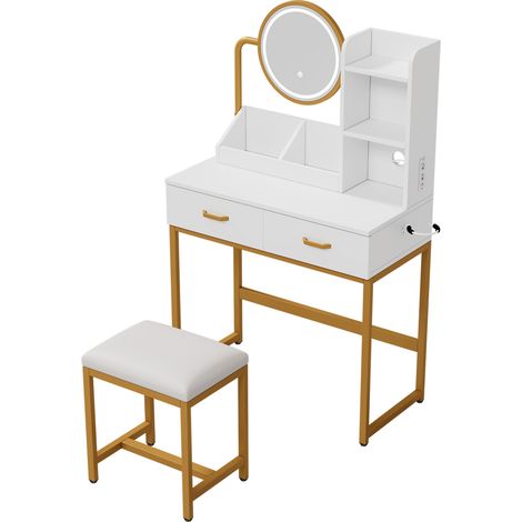 Coiffeuse moderne blanche avec LED, miroir pivotant, prise électrique intégrée, 2 tiroirs, 2 étagères ouvertes et tabouret, pieds métalliques dorés - 80x138,5x40 cm (1/5)