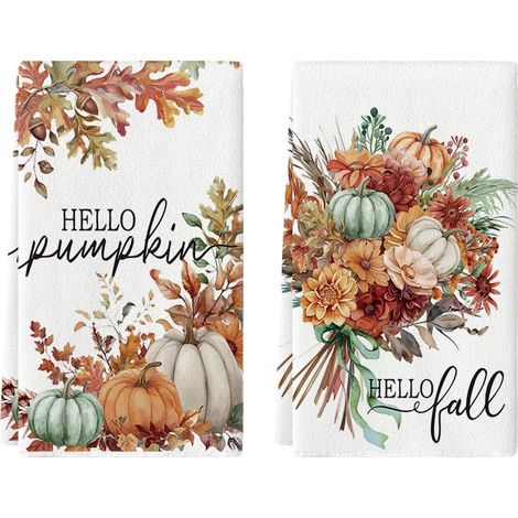 Lot de 2 Torchons de Cuisine Automne Feuilles Fleurs 42x65cm (1/5)