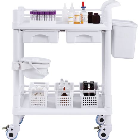 Mophorn Carrello multiuso con ruote, dotato di 2 ripiani, 2 cassetti, ruote silenziose, realizzato in robusto PP, fornito con 3 contenitori, perfetto per laboratori, cliniche, ospedali e saloni di