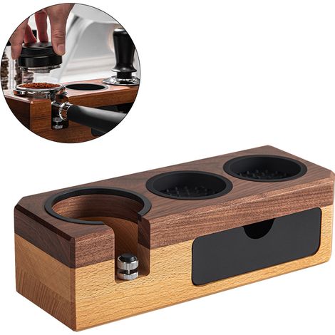 Estación de prensado de madera para café espresso, compatible con portafiltros de 51 mm a 58 mm: soporte para prensador, nivelador y almacenamiento. (1/5)