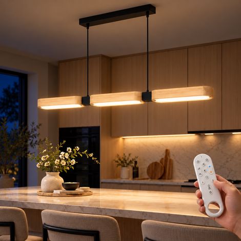 Suspension luminaire cuisine bois, LED 25W 1875lm 90cm 3000K-6500K télécommandable mémoire minuteur, pour chambre salon salle à manger