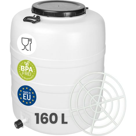 Garronda Fût Alimentaire 160 L robinet + grille de presse Plastique HDPE Tonneau Baril Grande Ouverture pour Eau, Stockage et Fermentation Recupérateur d Eau de Pluie GD-0187 Blanc