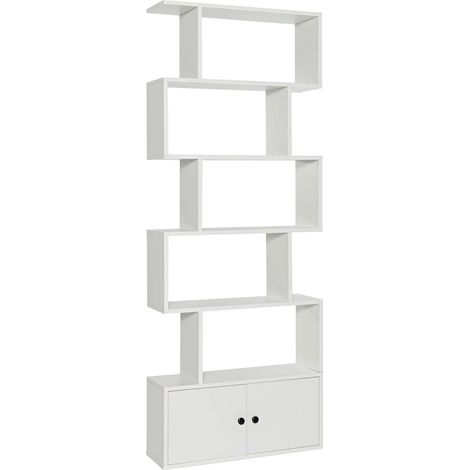 6-Tier S-Shaped Freestanding Bookshelf with Cabinet and Doors-White (1/5)