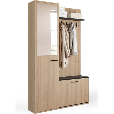 Garderobe für den Eingangsbereich zur Aufbewahrung von Schuhen mit Spiegel und Regalen MAHAUT 1 Tür mit Holz- und Schwarzeffekt (1/5)