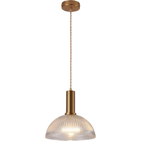 Suspension Luminaire - Abat-jour Suspendu en Verre Transparent Strié de 25 cm avec Douille E27 Dorée et Câble Tressé - Lampe à Suspension pour Îlot de Cuisine, Salon (A) (1/5)