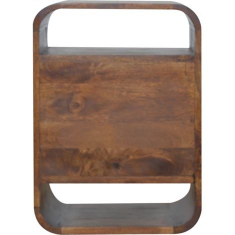 Table de chevet Courbe Châtaignier en bois massif, 2 tiroirs et 2 niches ouvertes, marron foncé (1/5)