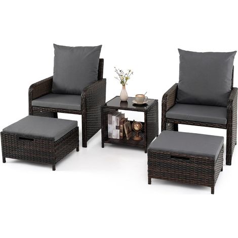 COSTWAY Salotto Giardino Esterno Salottino Set Mobili Rattan Divanetti Conversazione 5 Pezzi Arredo Patio Poltrone Tavolino Caffè Vetro Temperato 2 Ripiani Po (1/5)