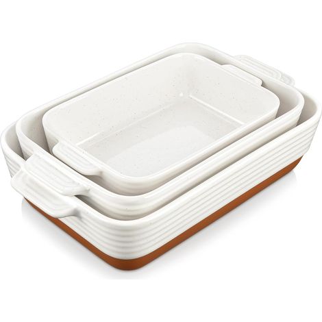 3 Plats à Gratin en Grès avec Poignée 3800 ml / 2700 ml / 1450 ml Plat à Four avec Motif de Sésame Passe au Lave-vaisselle Idéal pour Tartes, Gratins, Gâteaux et Lasagnes (1/5)