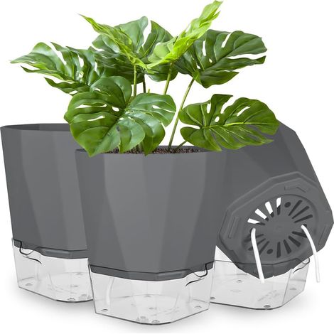 3PCS Pots de Fleurs en Plastique, Pot de Fleurs Auto-Arrosants, Ø16.5 x H 18CM, Pot De Fleur Interieur avec Trous De Drainage et Base Amovible, pour Plantes d'Intérieur et d'Extérieur(Gris) (1/5)