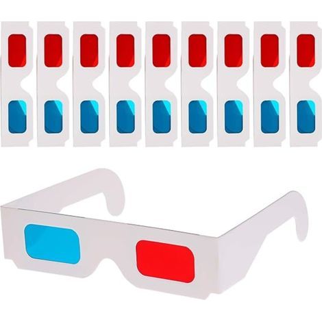 10 lunettes 3D en carton avec verres rouge et cyan, monture blanche, pour films stéréoscopiques, pliables dans un étui de protection (1/5)