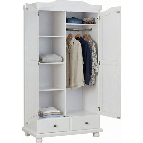 Dmora Armadio a due ante e due cassetti con finitura in pino massello, colore bianco, cm 104 x 200 x 56., con imballo rinforzato