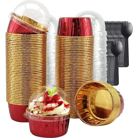 Lot de 100 caissettes à cupcakes avec couvercles bombés, moules à muffins en aluminium de 147 g, grands moules à cupcakes, ramequins pour pudding soufflé, parfaits pour Noël, les mariages et les anniv (1/5)