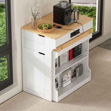 Îlot de cuisine roulant extensible, prises électriques, 2 tiroirs pratiques, pour cuisine ou salle à manger, blanc, plan de travail modulable et rangement intégré (1/5)