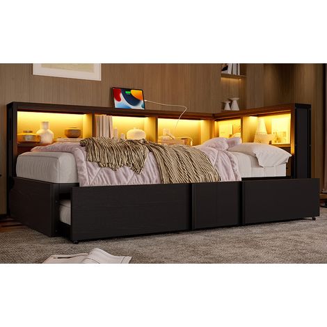 Lit banquette 220,7/110,5/85 cm noir en métal et MDF avec lit gigogne, rangements, LED et ports USB (1/5)