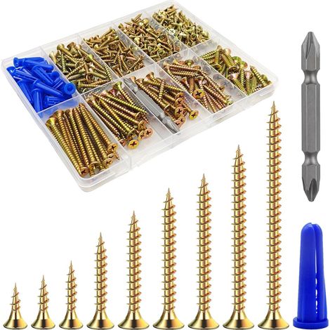 Coffret de visserie 385 pièces – Kit de fixation avec vis à placo, vis pour plaques de plâtre, vis à bois et vis autotaraudeuses, chevilles murales et embout de vissage-Doré