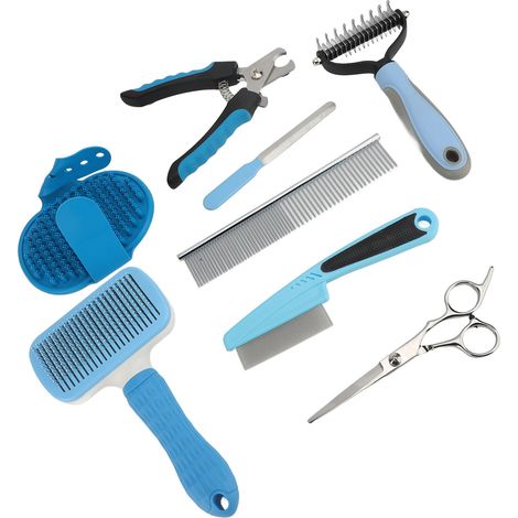 Set mit 9 Haustierpflegebürsten, automatische Reinigung und Entwirrung für Hunde und Katzen, blau (1/2)