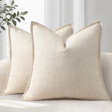 Housse de Coussin 40x40 Lot de 2 Douces et Confortables Housses en Lin Naturel Coussin de Canapé Uni Housses de Coussin Modernes avec Bordure Coussin Décoratif pour Canapé Lit et Salon Beige (1/3)