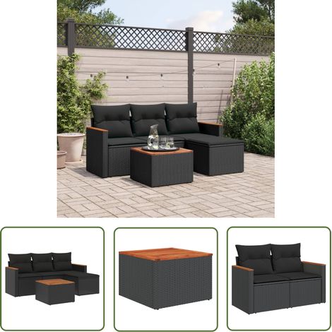 The Living Store Salon de jardin 5 pcs avec coussins noir résine tressée - Ensemble Salon De Jardin - Mobilier Extérieur - Jardin Design - Chaise Lounge - Set De Jardin (1/5)