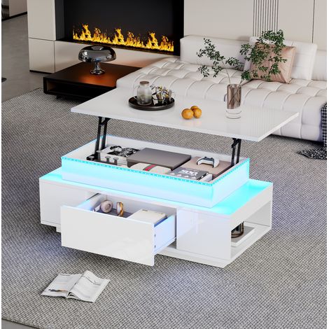 Tavolino da caffè alzabile con vano nascosto e LED, 96 x 45 x 40 cm, bianco DESVIAE (1/5)