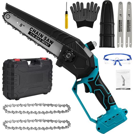 Mini tronçonneuse électrique sans fil 8" pour 18V (sans batterie) 600W, tronçonneuse électrique, sans balais, avec 2 chaînes, 2 rails de guidage, gants, lunettes et coffret (1/5)
