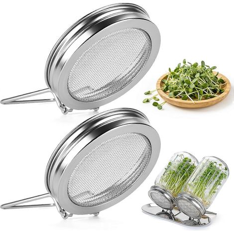 Lot de 2 couvercles germoirs pour bocaux Mason ouverture large 86 mm acier inoxydable réutilisables monoblocs avec support intégré (1/5)