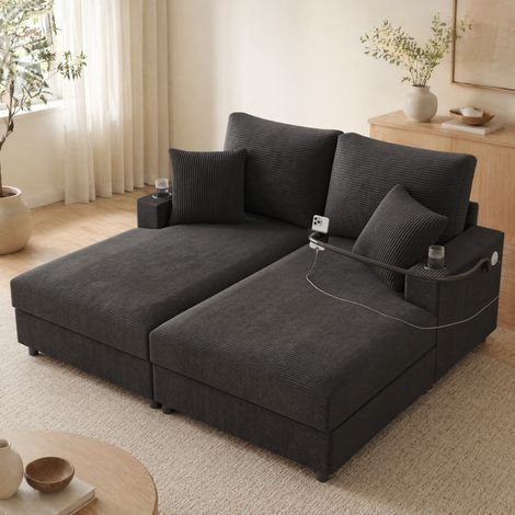 2-Sitzer-Schlafsofa mit Liegefunktion, grauer Cordbezug HAVRYA (1/5)