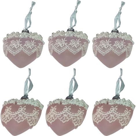 Set 6 cuori Palline rosa cm 8 con ricami merletto e perle per albero di natale particolare Addobbi natalizi decorazioni da appendere