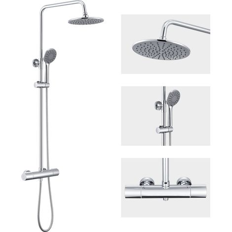 Columna de ducha Termostática con Grifo Redondo Sistema de Ducha antiquemaduras con 9 Pulgadas Ducha de Lluvia y 3 Funciones Ducha de Mano con boquillas anticalcárea, Altura Ajustable 840mm-1210mm (1/10)