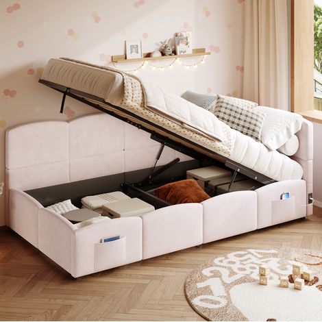 Sofá cama con almacenaje 90x200 terciopelo rosa DESVIAE (1/5)
