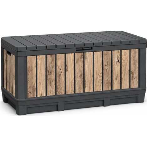 Coffre de jardin - 350 l - Aspect bois de pin - Boîte de rangement avec fonction assise pour coussins d'assise, outils de jardin ou jouets pour enfants - Étanche et bien ventilé (1/5)