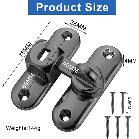 Serratura per porta scorrevole, serratura per porta scorrevole a 90/180 gradi, serratura per porta interna con viti per cucina, finestra, camera da letto (nero) (1/4)