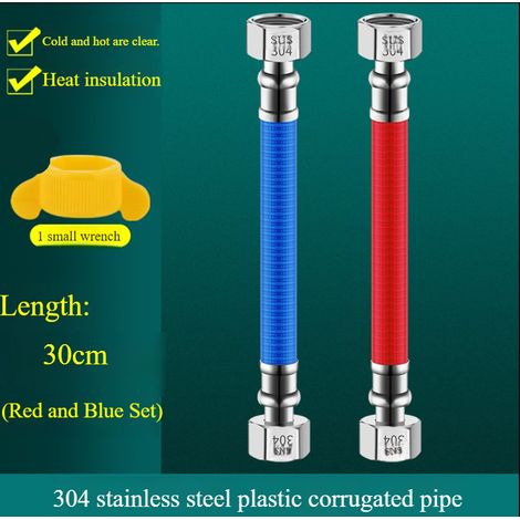 Lot 2 tuyaux flexibles inox 304 gainés PVC 30 cm G1/2 BSPP, rouge eau chaude, bleu eau froide pour chauffe‑eau (1/2)