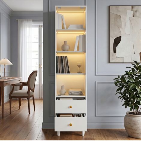 Vitrina 40x35x165 cm blanca en MDF y vidrio con LED, 2 cajones y puerta de cristal (1/5)