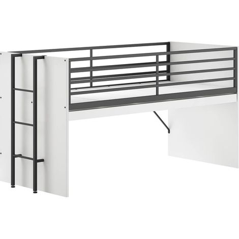 MARCO - Lit Surélevé 90x200cm avec Plateau Bureau Coulissant Blanc (1/4)
