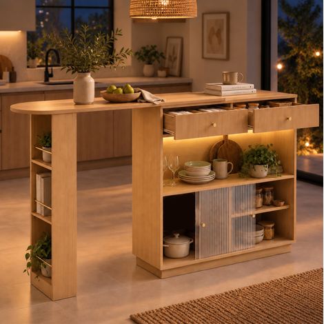 Table bar extensible avec rangements, rotation 360°, LED, chêne HAVRYA (1/5)