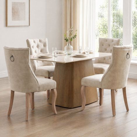 DESMIU Chaise de salle à manger en velours avec dossier haut capitonné et anneau de tirage, Beige clair (1/5)